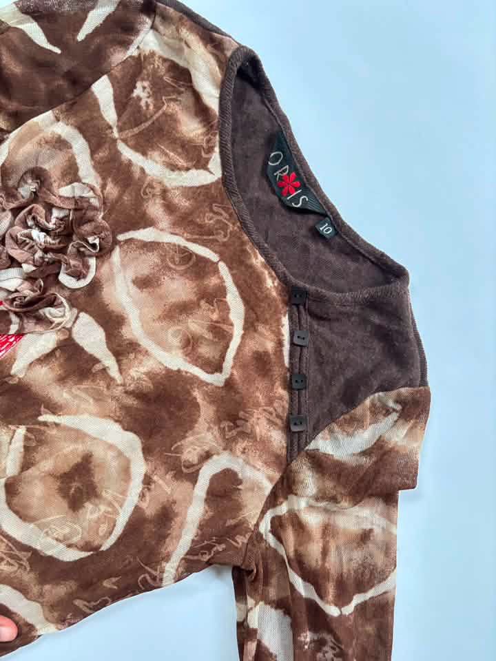 Vintage Oris printed brown longsleeve mesh top (Category: Others Tops) located in San Enrique. Submitted by getsthrift (Listing ID 1461752291, Image 3). Description: no issue s-l.