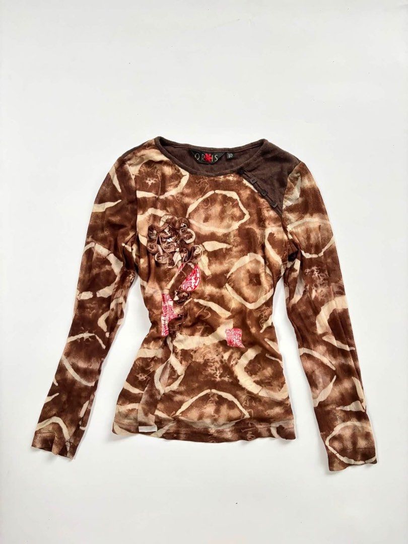 Vintage Oris printed brown longsleeve mesh top (Category: Others Tops) located in San Enrique. Submitted by getsthrift (Listing ID 1461752291, Image 1). Description: no issue s-l.
