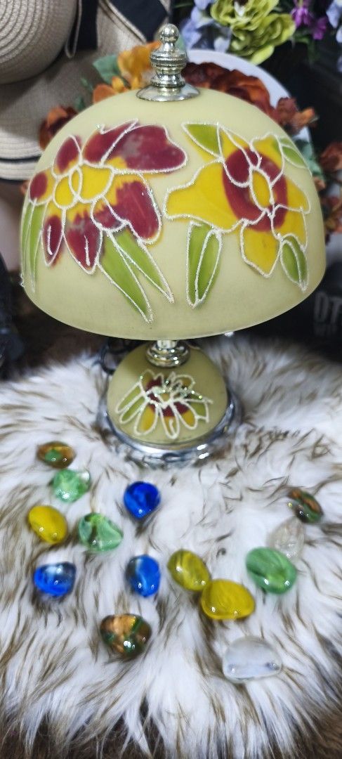 VINTAGE TIFFANY STYLE LAMPSHADE (Category: Vases & Decorative Bowls) located in Manila. Submitted by shawn0320_fish (Listing ID 1461563369, Image 3). Description: This image displays a vintage-style glass table lamp decorated with a reverse-painted or frosted-etched colorful floral design. The lamp features a distinctive dome or mushroom-shaped top shade paired with a matching rounded, illuminated glass pedestal base. This specific design mimics 