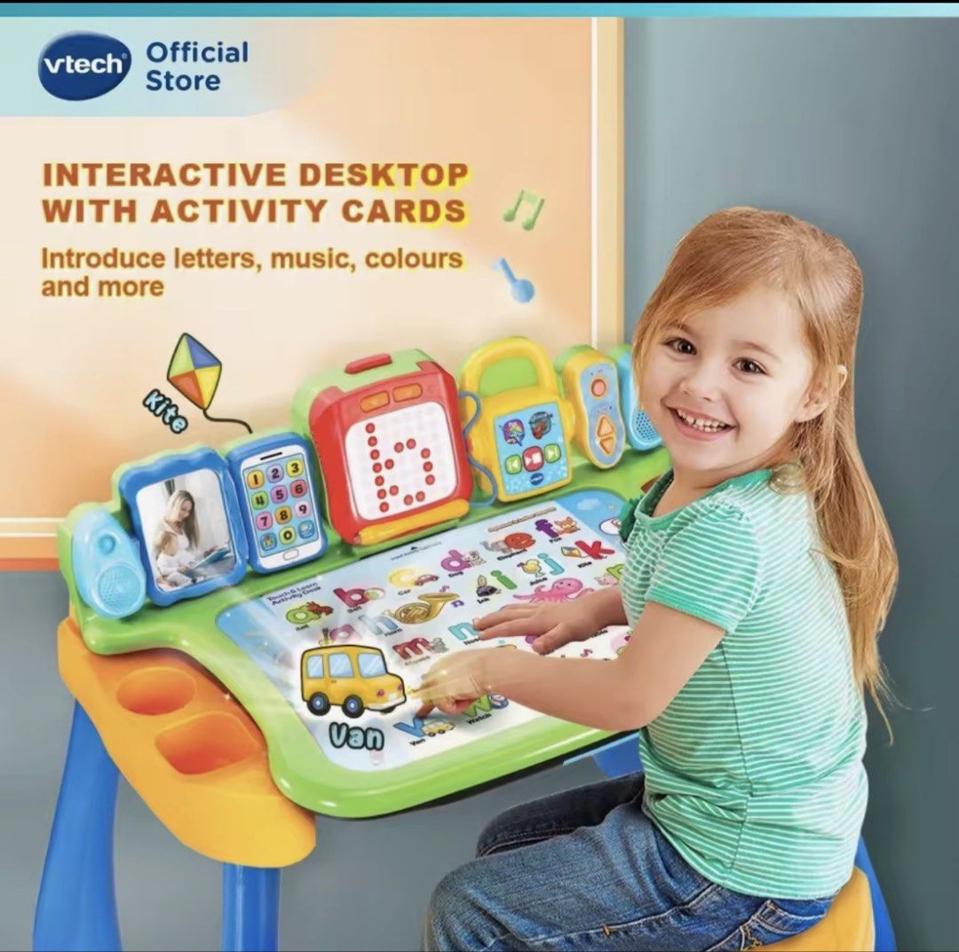 VTech 4-in-1 Kids Learning Desk with Stool (Category: Kids Tables & Chairs) located in Las Pinas. Submitted by babyandmommapreloved (Listing ID 1461763653, Image 2). Description: - VTech Interactive Learning Desk for kids - Transforms into activity desk, writing pad, art station, and blackboard - Includes a stool - Features 9 interactive learning pages - Covers letters, numbers, music, and more - Over 85 vocabulary words - 15+ learning activities