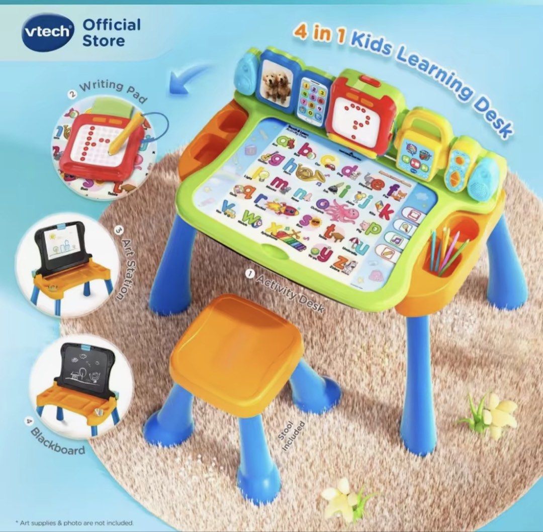 VTech 4-in-1 Kids Learning Desk with Stool (Category: Kids Tables & Chairs) located in Las Pinas. Submitted by babyandmommapreloved (Listing ID 1461763653, Image 1). Description: - VTech Interactive Learning Desk for kids - Transforms into activity desk, writing pad, art station, and blackboard - Includes a stool - Features 9 interactive learning pages - Covers letters, numbers, music, and more - Over 85 vocabulary words - 15+ learning activities