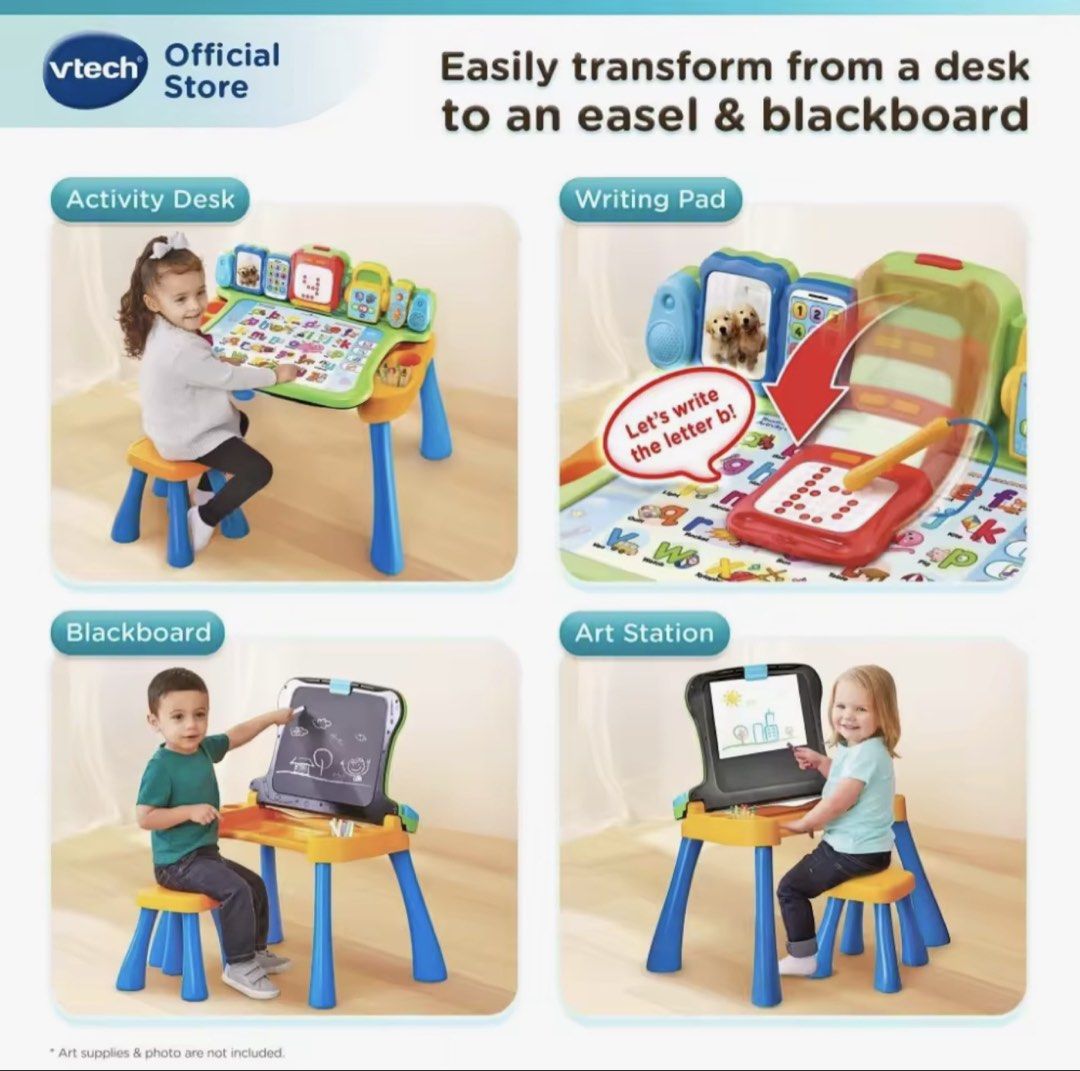 VTech 4-in-1 Kids Learning Desk with Stool (Category: Kids Tables & Chairs) located in Las Pinas. Submitted by babyandmommapreloved (Listing ID 1461763653, Image 3). Description: - VTech Interactive Learning Desk for kids - Transforms into activity desk, writing pad, art station, and blackboard - Includes a stool - Features 9 interactive learning pages - Covers letters, numbers, music, and more - Over 85 vocabulary words - 15+ learning activities