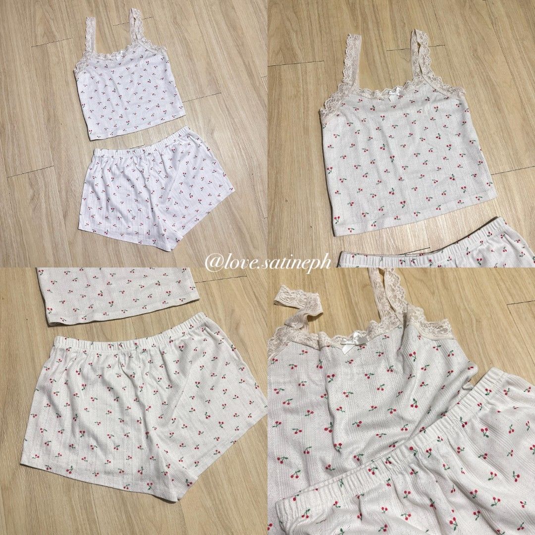 White Cherry Print Pajama Set with Lace Trim (Category: Undergarments & Loungewear) located in Manila. Submitted by love.satineph (Listing ID 1461605719, Image 2). Description: - Adorable white pajama set with a fun cherry print. - Features a ribbed texture on the camisole. - Delicate lace trim adds a feminine touch to the camisole. - Comfortable elastic waistband on the shorts. - Ideal for relaxing at home or a good night's sleep. - Perfect for 