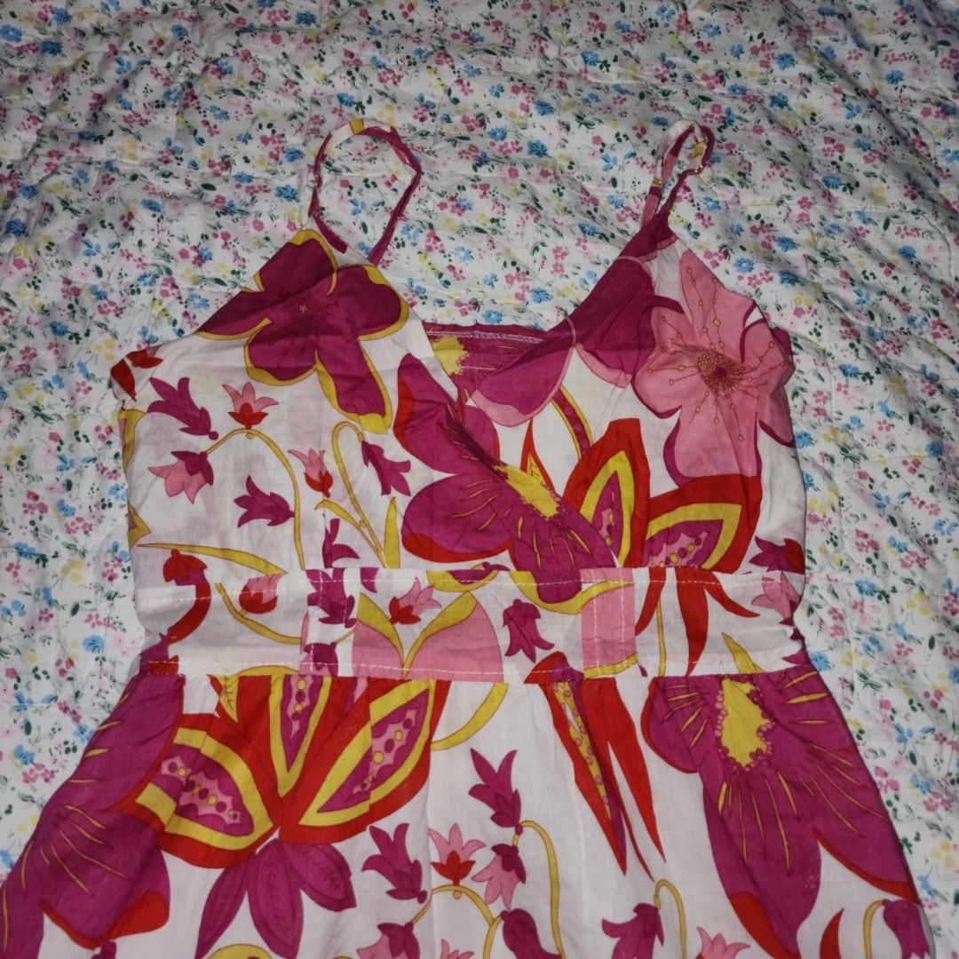 White floral print spaghetti strap dress (Category: Dresses) located in Caloocan City. Submitted by laligayaaaa (Listing ID 1461562718, Image 1). Description: Flowy white summer dress with a colorful floral print (pink, red, yellow flowers). Features spaghetti straps, V-neck, and cinched waist. Perfect for sunny days!.