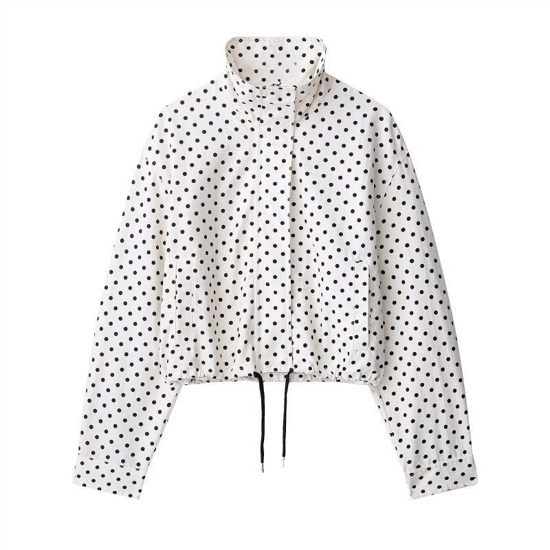 White Polka Dot Jacket with High Neck (Category: Coats, Jackets and Outerwear) located in Manila. Submitted by sandi___06 (Listing ID 1461685435, Image 1). Description: - White jacket with all-over black polka dots - Stylish high collar design - Elasticated hem with adjustable drawstring - Long sleeves with button cuffs - Two convenient front pockets - Ideal for a casual and fashionable look Once used Orig price 800 xs 📍Pasay City.