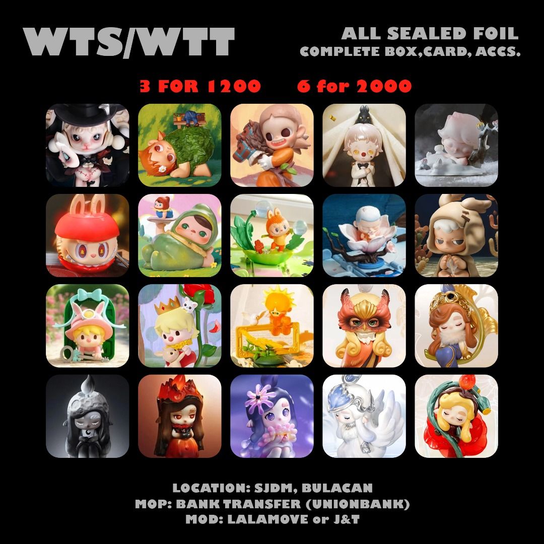 WTS 3 for 1200 (Category: Raw Singles) located in San Jose del Monte. Submitted by marcgats (Listing ID 1461743097, Image 1). Description: WTS/WTT ALL SEALED FOIL COMPLETE INCLUSIONS (Card, Box and Accessories) 3 for 1200 6 for 2000 Skullpanda Disguise Zsiga Trying to Think Zsiga Leaping into Spring Inosoul The Curtain Falls Dimoo Snow and Wintersweet Labubu Wonderful Spin Pucky Paper Plane Dreams Labubu Gift for you Dandelion Kubo Gift for you M
