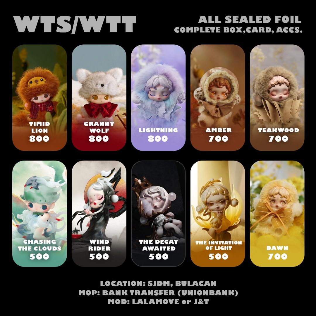 WTS WTT Dimoo Skullpanda (Category: Raw Singles) located in San Jose del Monte. Submitted by marcgats (Listing ID 1461741892, Image 1). Description: WTS/WTT ALL SEALED FOIL COMPLETE INCLUSIONS (Card, Box and Accessories) Dimoo Timid Lion - 800 Dimoo Granny Wolf - SOLD Skullpanda Lightning - SOLD Skullpanda Amber - SOLD Skullpanda Teakwood - 700 Skullpanda Dawn - 700 Dimoo Chasing the Clouds - 500 Skullpanda Wind Rider - SOLD Skullpanda The Decay 