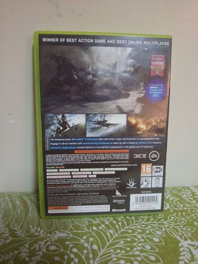 Xbox 360 Battlefield 3 Game (Category: Xbox) located in Muntinlupa City. Submitted by markkeub (Listing ID 1461754544, Image 2). Description: - Battlefield 3 for Xbox 360 - Includes both discs - Rated 16 - Award-winning: Best Action Game & Best Online Multiplayer - Powered by Frostbite 2 technology - Authentic single-player campaign - Online gameplay requires Xbox Live Gold membership - Please check photos for condition details pick up alabang se