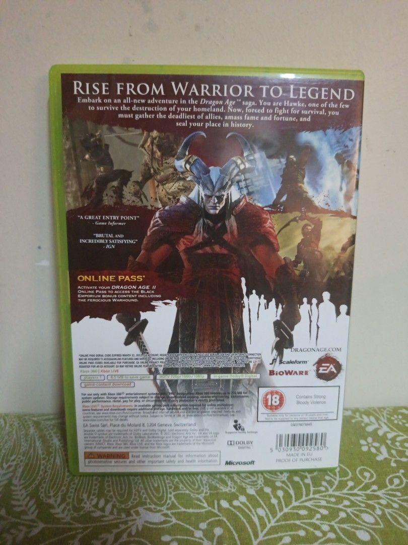 Xbox 360 Dragon Age II Game (Category: Xbox) located in Muntinlupa City. Submitted by markkeub (Listing ID 1461753308, Image 2). Description: - Dragon Age II for Xbox 360 - Rated 18 - Online pass included - Rise from warrior to legend - Gather allies, amass fortune, and seal your place in history pick up alabang send sameday lalamove or grab send 1/2 days flashexpress.