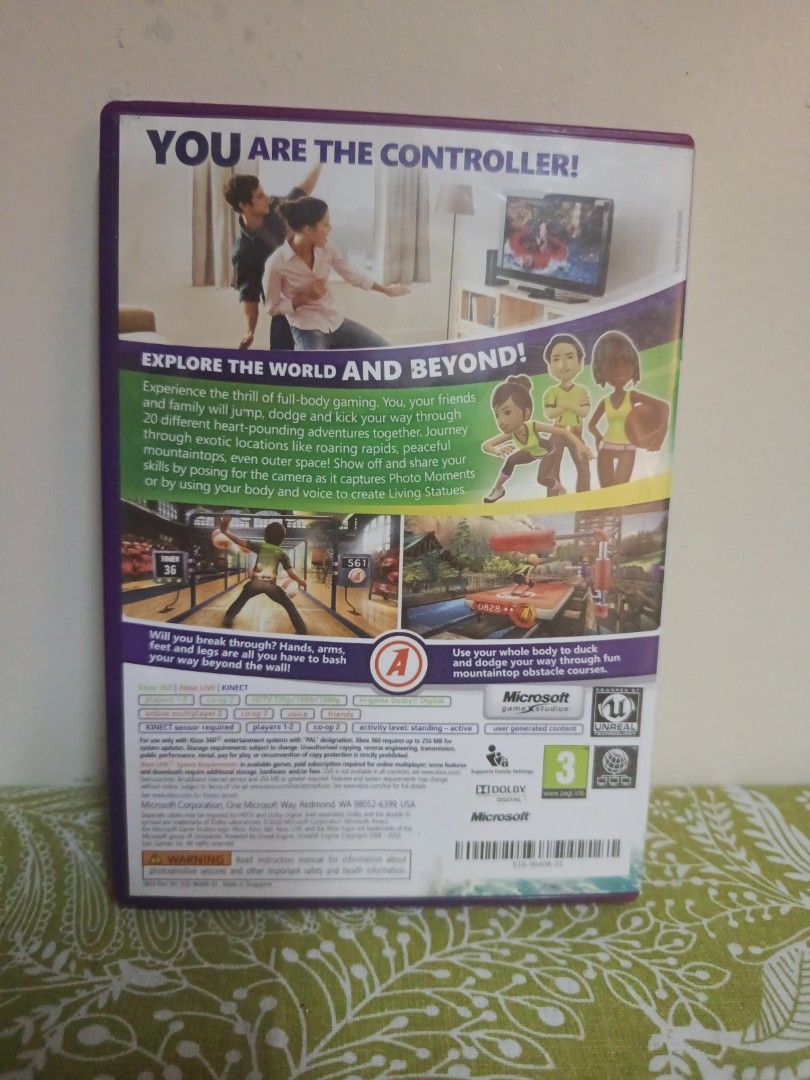 Xbox 360 Kinect Game: Kinect Adventures! (Category: Xbox) located in Muntinlupa City. Submitted by markkeub (Listing ID 1461756801, Image 2). Description: - Get ready for fun with Kinect Adventures! for Xbox 360. - Uses Kinect motion controls for active gameplay. - Jump, dodge, and kick your way through 20 thrilling adventures. - Explore new locations, race, and solve puzzles. - Share your skills and moments with friends. - Requires Kinect sensor