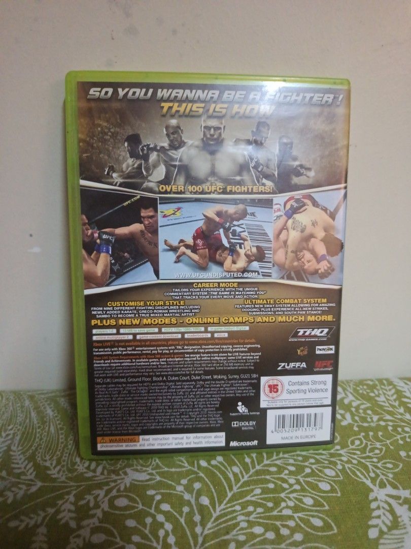 Xbox 360 UFC Undisputed 2010 Game (Category: Xbox) located in Muntinlupa City. Submitted by markkeub (Listing ID 1461754824, Image 2). Description: - UFC Undisputed 2010 for Xbox 360 - Over 100 UFC fighters included - Customize your own fighter with various styles - Experience career mode and online gameplay - Perfect for MMA enthusiasts - Disc and original case included pick up alabang send sameday lalamove or grab send 1/2 days flashexpress.