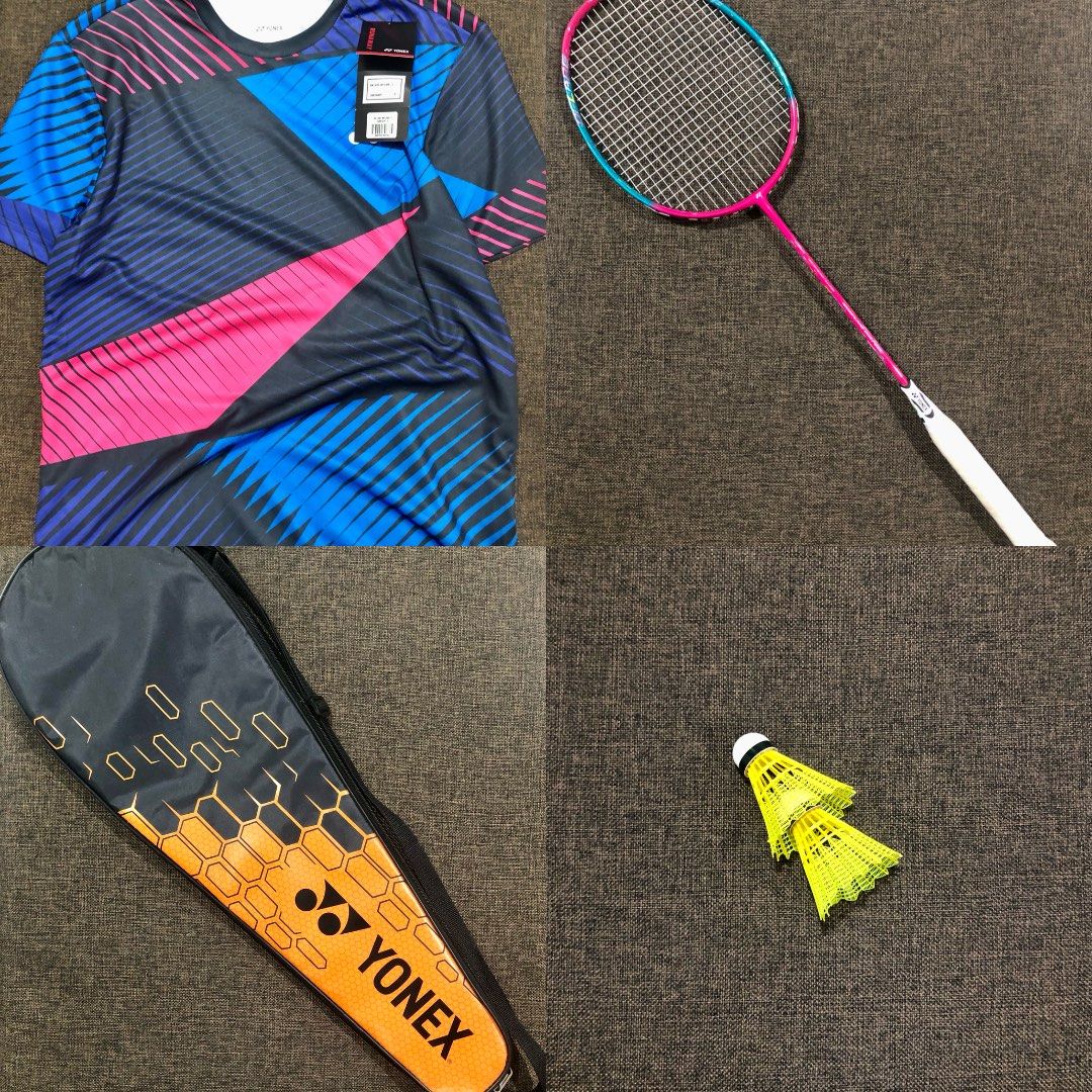 Yonex badminton bundle (Category: Racket and Ball Sports) located in Antipolo. Submitted by arcadia.bea (Listing ID 1460691659, Image 1). Description: This bundle includes a brand-new Yonex men’s round neck shirt size Small from Singapore which still has the tag attached (specifically the RM-J035-2893-RW1-S model in Dark Navy). A Yonex Nanoflare 002 Feel badminton racket with a 24 lbs string recently bought from Sportlines. The racket is in excel