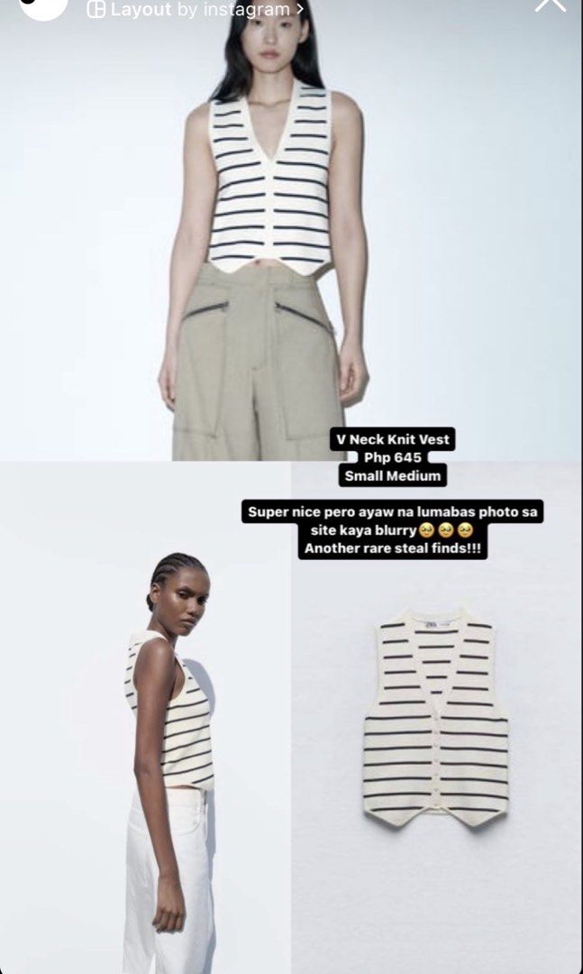 ZARA Striped V Neck Knit Vest (Category: Sleeveless) located in Cebu City. Submitted by lovedbymomandiana (Listing ID 1461724449, Image 3). Description: - Zara cream and black striped knit vest - V-neckline - Button-up front - Sleeveless design - Rare and stylish piece.