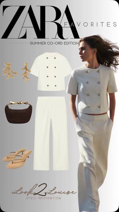 ZARA White Double-Breasted Blazer & Wide Leg Pants Set (Category: Sets or Coordinates) located in Ilagan. Submitted by zara.all (Listing ID 1461655082, Image 2). Description: - Chic ZARA co-ord set - double-breasted cropped blazer with gold buttons - Matching wide-leg trousers - Both pieces are size M - Perfect for sophisticated summer occasions Timeless and so classy.