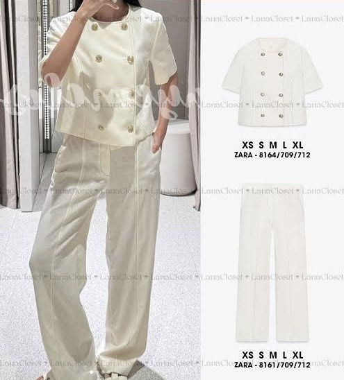 ZARA White Double-Breasted Blazer & Wide Leg Pants Set (Category: Sets or Coordinates) located in Ilagan. Submitted by zara.all (Listing ID 1461655082, Image 1). Description: - Chic ZARA co-ord set - double-breasted cropped blazer with gold buttons - Matching wide-leg trousers - Both pieces are size M - Perfect for sophisticated summer occasions Timeless and so classy.