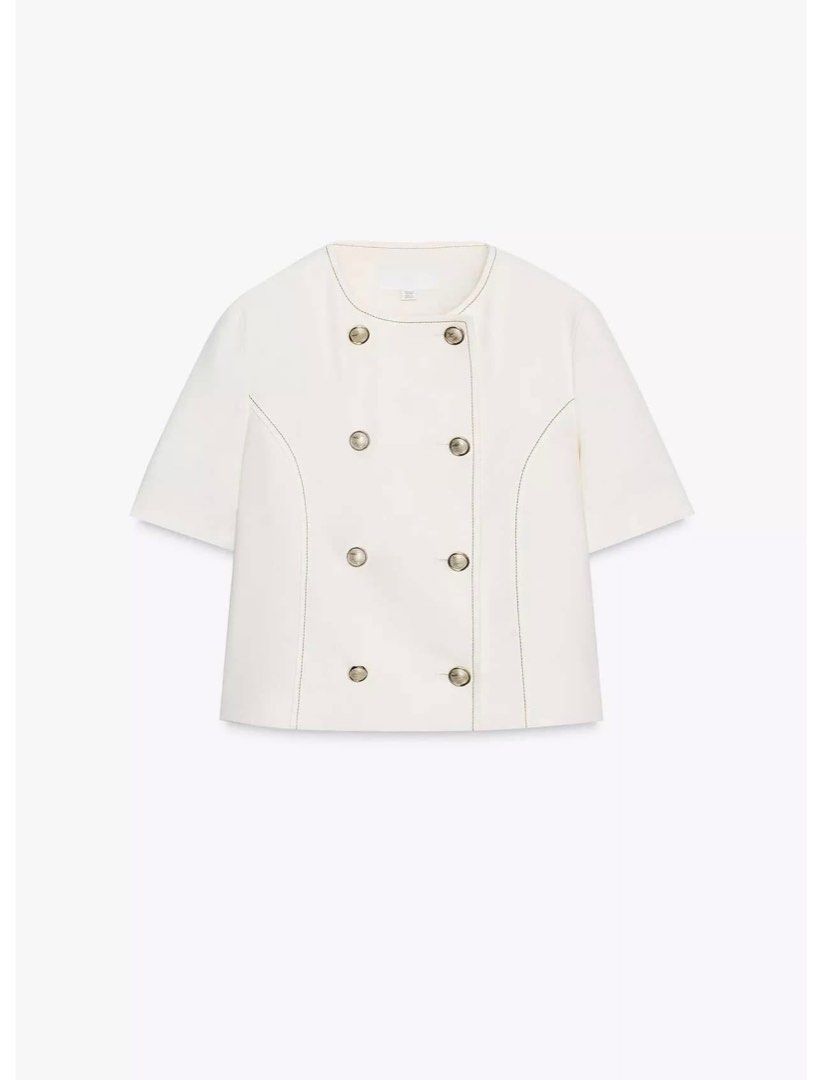 ZARA White Double-Breasted Blazer & Wide Leg Pants Set (Category: Sets or Coordinates) located in Ilagan. Submitted by zara.all (Listing ID 1461655082, Image 3). Description: - Chic ZARA co-ord set - double-breasted cropped blazer with gold buttons - Matching wide-leg trousers - Both pieces are size M - Perfect for sophisticated summer occasions Timeless and so classy.