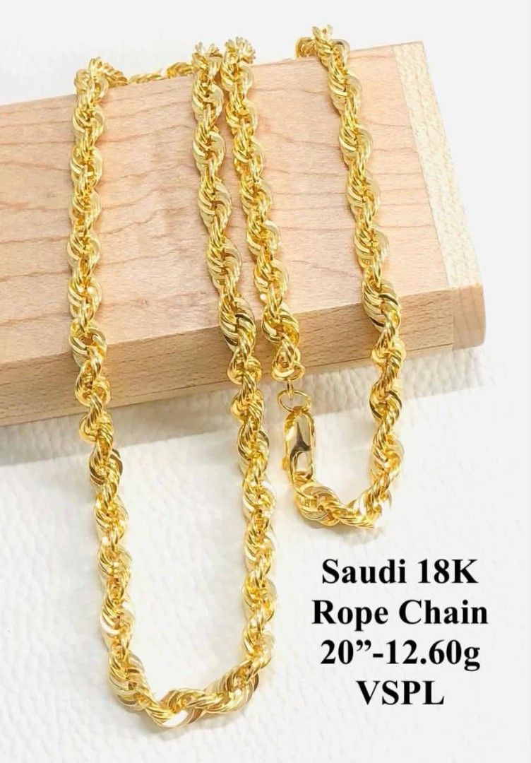 18k Saudi gold rope necklaces (Category: Necklaces) located in Manila. Submitted by bhelgoldseller2ndaccount (Listing ID 1462028816, Image 2). Description: New!!✨New!!✨New!! Authentic 18k Saudi Golds 💯pawnable/naisasanla 💯with high appraisal rate 💯good investment 💯Direct supplier price 👉OPEN for resellers 🌺please take time to evaluate their actual sizes and grams 👉Best panggift for all occasions ✅ Sold per grams not per piece Kya lowest pr