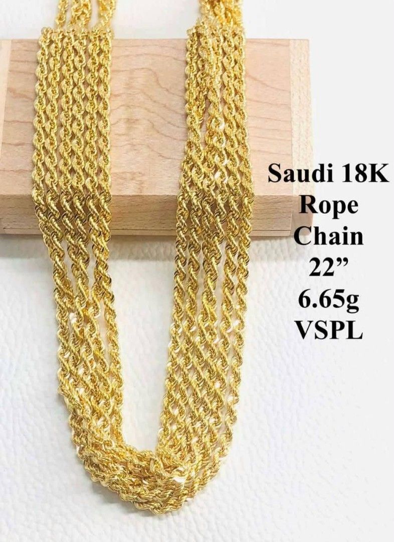18k Saudi gold rope necklaces (Category: Necklaces) located in Manila. Submitted by bhelgoldseller2ndaccount (Listing ID 1462029141, Image 3). Description: New!!✨New!!✨New!! Authentic 18k Saudi Golds 💯pawnable/naisasanla 💯with high appraisal rate 💯good investment 💯Direct supplier price 👉OPEN for resellers 🌺please take time to evaluate their actual sizes and grams 👉Best panggift for all occasions ✅ Sold per grams not per piece Kya lowest pr