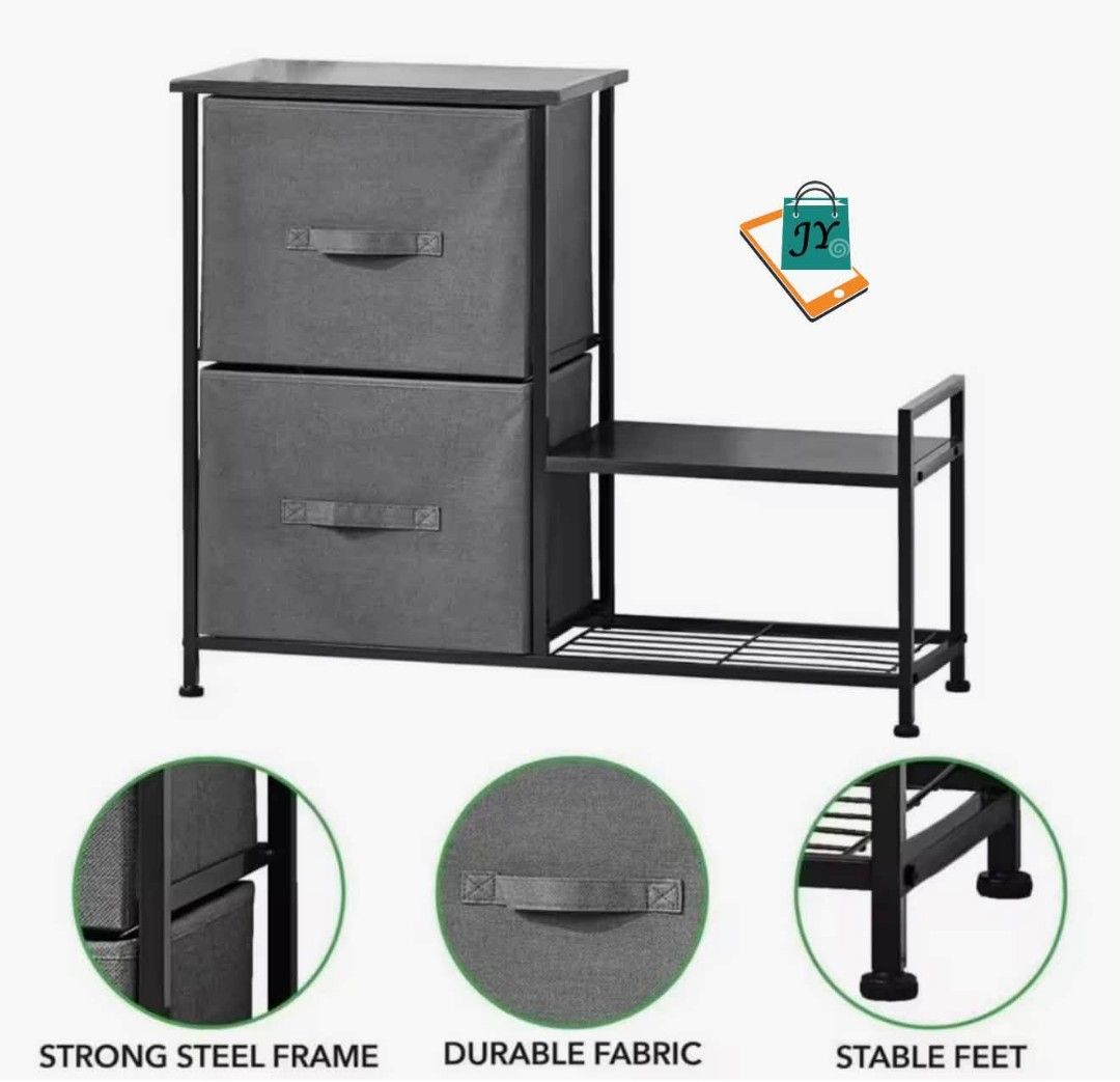 2-Tier Fabric Drawer Storage Shelf with Shoe Rack (Category: Shelves, Cabinets & Racks) located in Manila. Submitted by chaionlineshop (Listing ID 1461858213, Image 3). Description: - Compact storage unit perfect for entryway organization. - Includes two durable fabric drawers. - Features a convenient shoe rack (51cm high). - Strong steel frame for stability. - Stable feet prevent wobbling. - Dimensions: 83cm (Width) x 30cm (Depth) x 72cm (Height