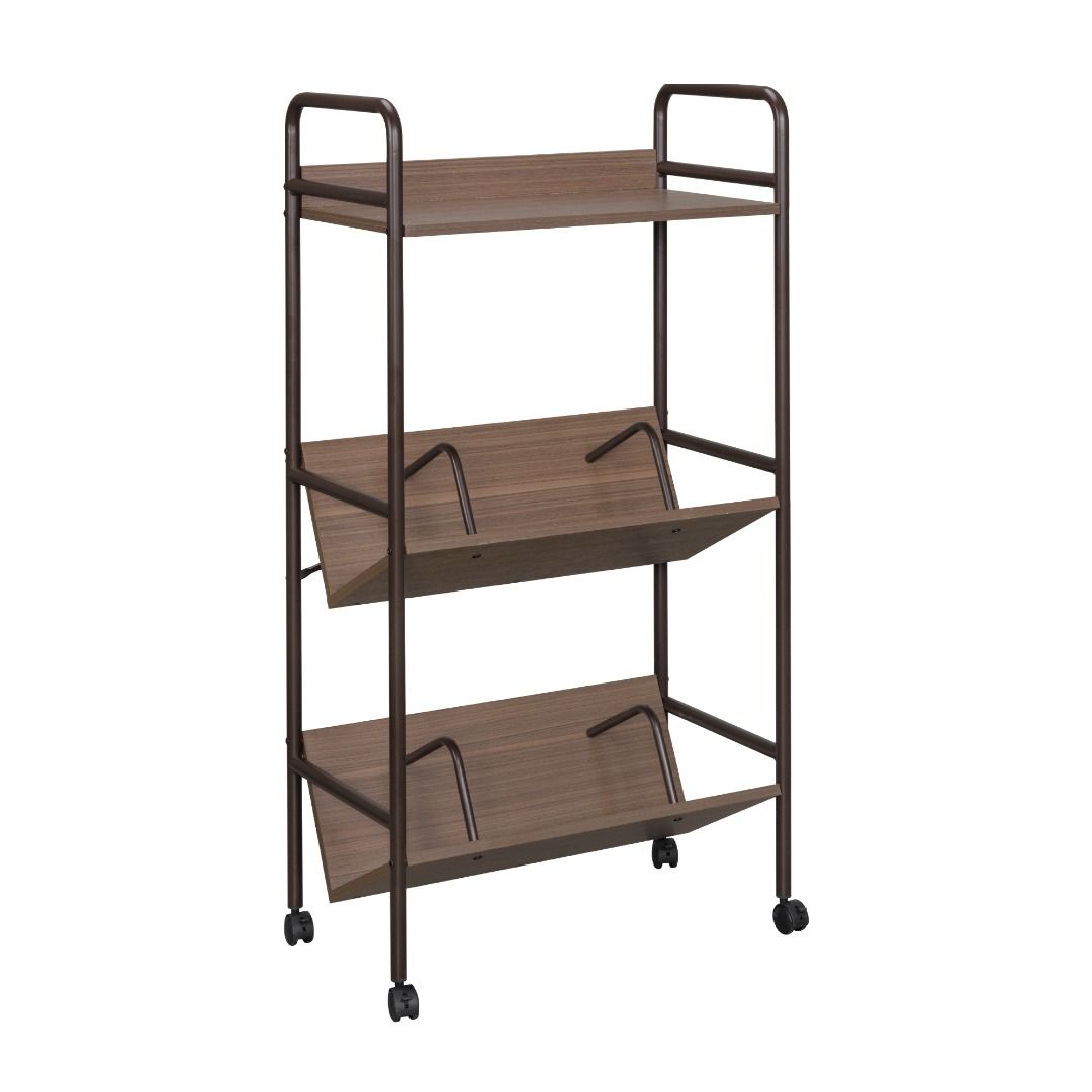 3-Tier Rolling Storage Shelf with Wheels (Category: Shelves, Cabinets & Racks) located in Caloocan City. Submitted by allhomeagroputatan_f87429 (Listing ID 1461824676, Image 1). Description: - 3-tier storage shelf - Stylish wooden look with dark metal frame - Angled shelves with anti-slide supports - Easy mobility with wheels - Ideal for organizing books, magazines, and other items.