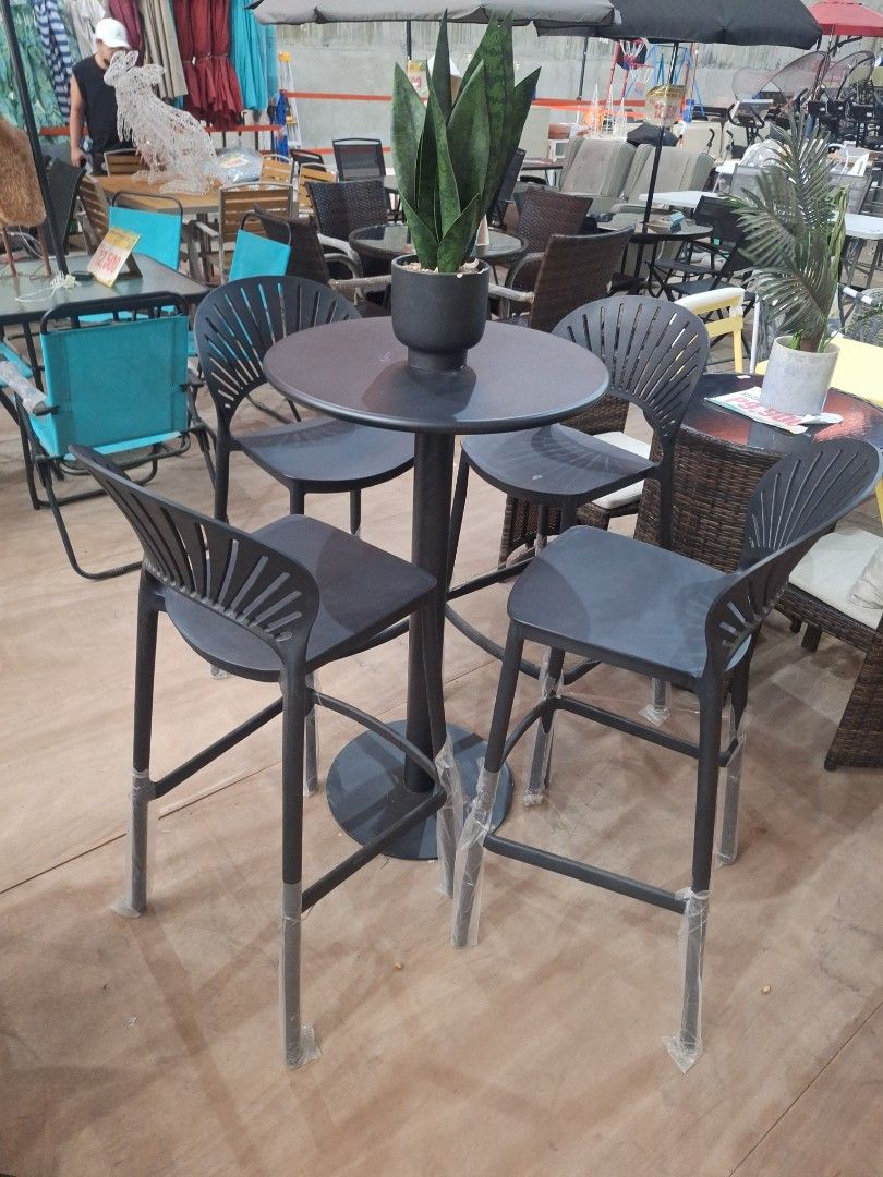 4 seater Bar Cocktail Set (Category: Tables & Sets) located in Muntinlupa City. Submitted by shopandsaveau (Listing ID 1461822089, Image 1). Description: 4 bar chair (plastic) 1 high table (metal) P15,250 set.