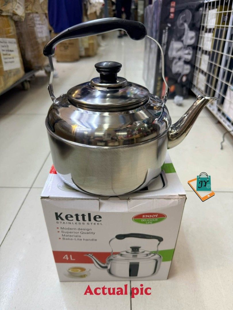 4L Stainless Steel Kettle with Bakelite Handle (Category: Kettles & Airpots) located in Manila. Submitted by chaionlineshop (Listing ID 1461859039, Image 1). Description: - 4L Stainless Steel Kettle - Modern and sleek design - High-quality, durable material - Features a Bakelite handle for safe and comfortable pouring - Ideal for quickly boiling water - Dimensions: 21cm (Width) x 26cm (Height).