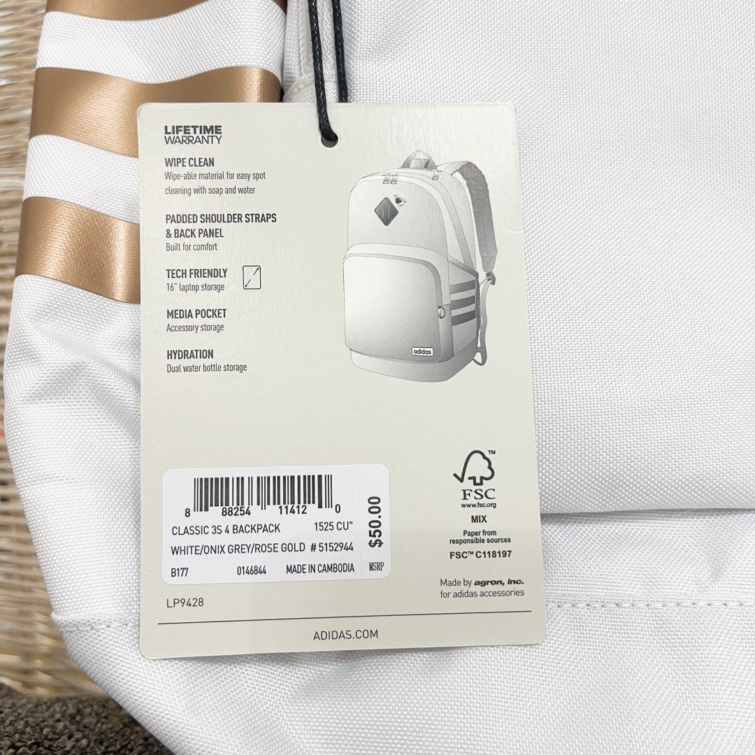Adidas Classic 3S 4 Backpack White/Rose Gold (Category: Backpacks) located in San Remigio. Submitted by shop.rhea.usa (Listing ID 1461841118, Image 2). Description: P1,500 Payment method: BPI Payment first before shipping No reservations 100% authentic from USA - Stylish white Adidas backpack with chic rose gold accents. - Padded shoulder straps and back panel for ultimate comfort. - Tech-ready with a dedicated 15" laptop pocket. - Additional med
