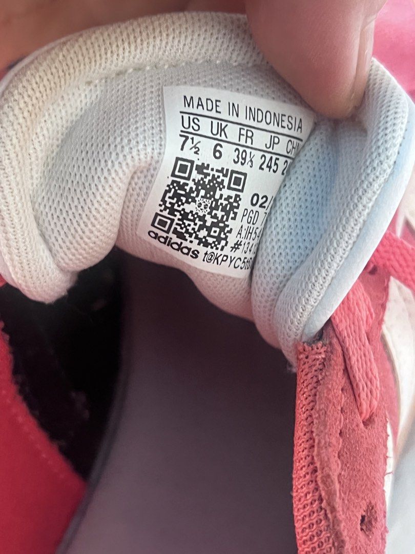 Adidas Pink Suede Sneakers (Category: Sneakers) located in Manila. Submitted by cleverstone_21f597 (Listing ID 1461829469, Image 3). Description: - Pink Adidas sneakers - Suede material with classic white stripes - Lace-up closure for a secure fit - Made in Indonesia - Size: 7.5 UK / 39.5 EU - Ideal for everyday casual wear.