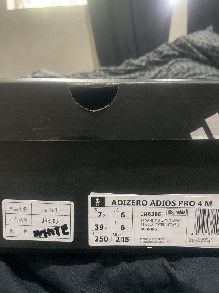 ADIZERO ADIOS PRO 4 in White (Category: Sneakers) located in Manila. Submitted by adhiik (Listing ID 1461809186, Image 1). Description: Class A but good quality, bought for duty but had a change of mind and can’t return it anymore. buy niyo na pls pls not ako scammer, may spending guilt lang huhu US: 7 1/2 UK: 6 .