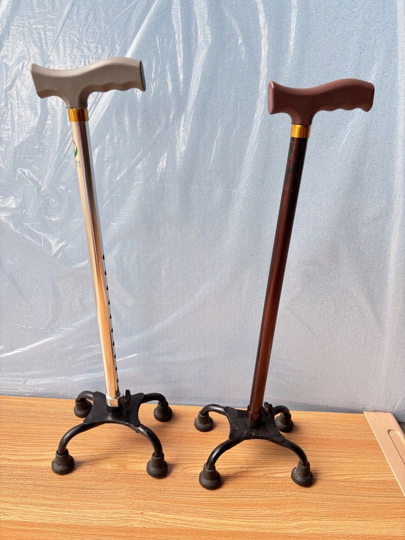 Adjustable Quad Cane Walking Sticks (2 pcs) (Category: Medical Supplies & Tools) located in Manila. Submitted by rosel2001 (Listing ID 1461831822, Image 1). Description: - Two adjustable quad cane walking sticks available. - Colors: Silver with grey handle, Dark brown with brown handle. - Features four feet for enhanced stability. - Height is adjustable to suit your needs. - Provides excellent mobility support..