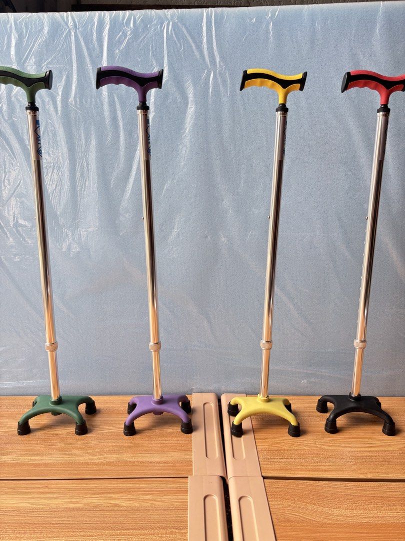 Adjustable Quad Cane Walking Stick - Multiple Colors (Category: Medical Supplies & Tools) located in Manila. Submitted by rosel2001 (Listing ID 1461831893, Image 1). Description: - Adjustable quad canes for enhanced mobility support. - Sturdy metal shaft for durability. - Comfortable T-shaped handle for a secure grip. - Four-pronged base design for superior stability. - Available colors: Green, Purple, Yellow, Red. - Height is adjustable to suit 