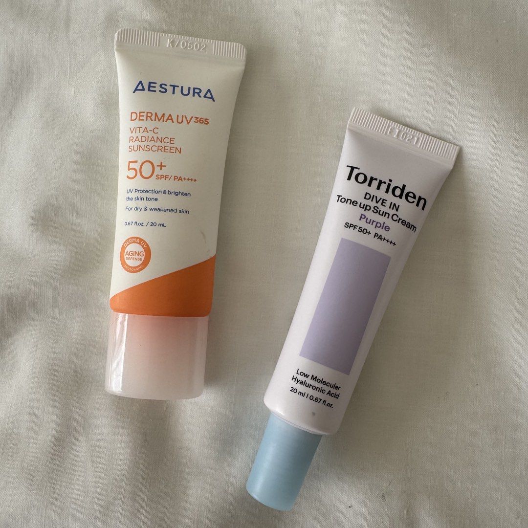AESTURA & Torriden Mini Size Sunscreens (Category: Face Care) located in Paranaque City. Submitted by contactcars (Listing ID 1461799577, Image 1). Description: RFS: Decluttering my skin care collection. Sold as set. Both were used only once so good as brand new. 1) AESTURA DERMAUV365 VITA-C Radiance Sunscreen SPF 50+ 20ml Expiration: 2028/04/16 2) Torriden DIVE IN Tone Up Sun Cream Purple SPF 50+ 20ml Expiration: 2028/09/11.