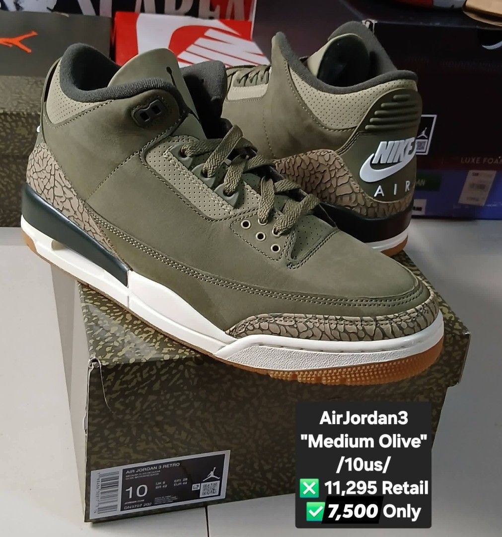 Air Jordan 3 Retro "Medium Olive" US 10 (Category: Sneakers) located in San Mateo. Submitted by edayz709 (Listing ID 1462032610, Image 1). Description: - Air Jordan 3 Retro - Colorway: Medium Olive - Size: US 10 - Includes original box - Original Retail Price: P11,295 - Asking Price: P7,500.