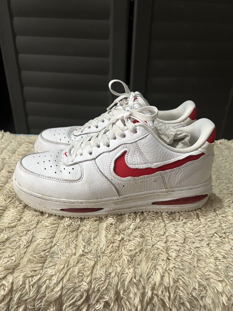 Airforce 1 Evo Red (Category: Casual Shoes) located in Angono. Submitted by odd.fitt (Listing ID 1461970962, Image 2). Description: Not thrifted With box Used thrice Creased 8.5 US men 42 EU 26.5 cm.