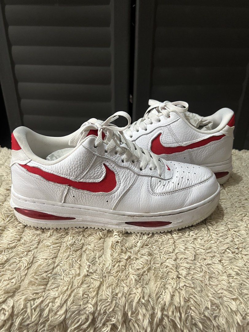 Airforce 1 Evo Red (Category: Casual Shoes) located in Angono. Submitted by odd.fitt (Listing ID 1461970962, Image 1). Description: Not thrifted With box Used thrice Creased 8.5 US men 42 EU 26.5 cm.