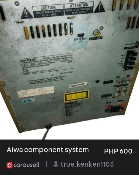 AIWA COMPONENT SYSTEM (Category: Other Home Appliances) located in Quezon City. Submitted by true.kenken1103 (Listing ID 1461981062, Image 3). Description: Component System for sale https://www.scribd.com/document/475826703/AIWA-CX-N520 Power on working 2speakers working CD player working Tape System working Radio System working Issues: Grounded or biglang namamatay Stocked and last used months ago Pick up or via delivery at your own expense at y