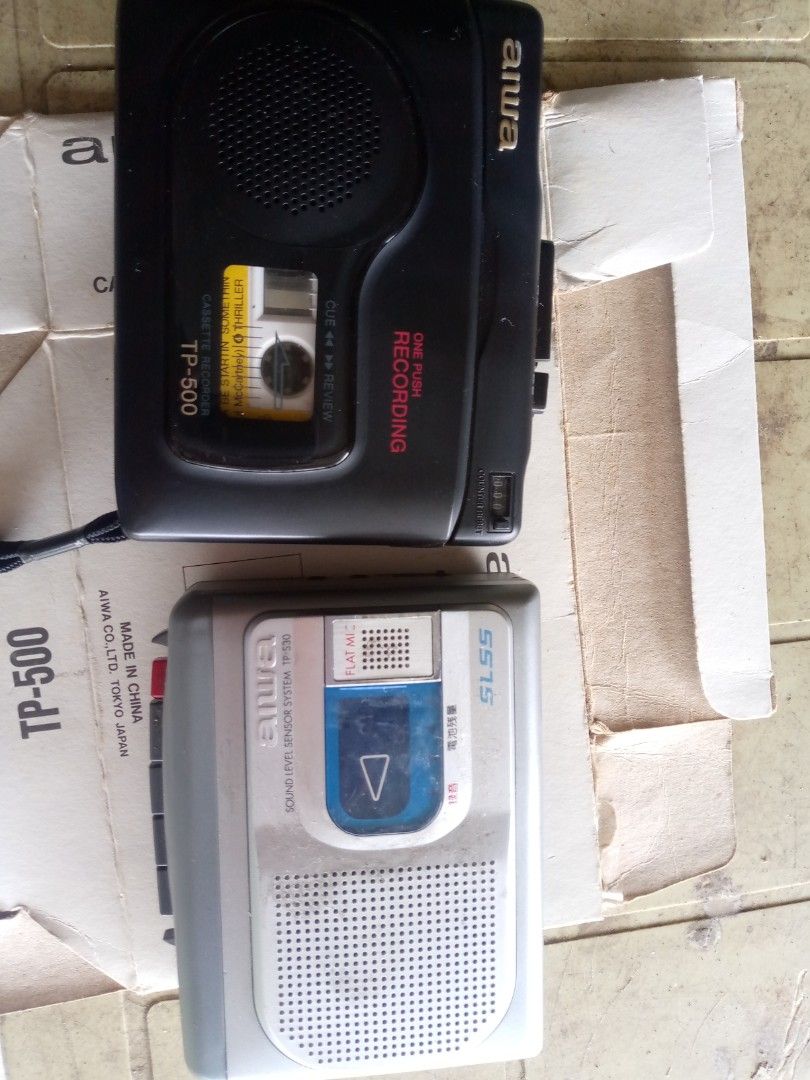 Aiwa TP-500 & SS-75 Portable Cassette Players (Category: Portable Music Players) located in Davao. Submitted by vujong (Listing ID 1461840607, Image 1). Description: as is working pm for demowith box yung black Two Aiwa portable cassette players for sale. - Model TP-500: Cassette recorder with convenient one-push recording. - Model SS-75: Sound level sensor system player. - Both players feature built-in speakers. - Ideal for retro music enthusias