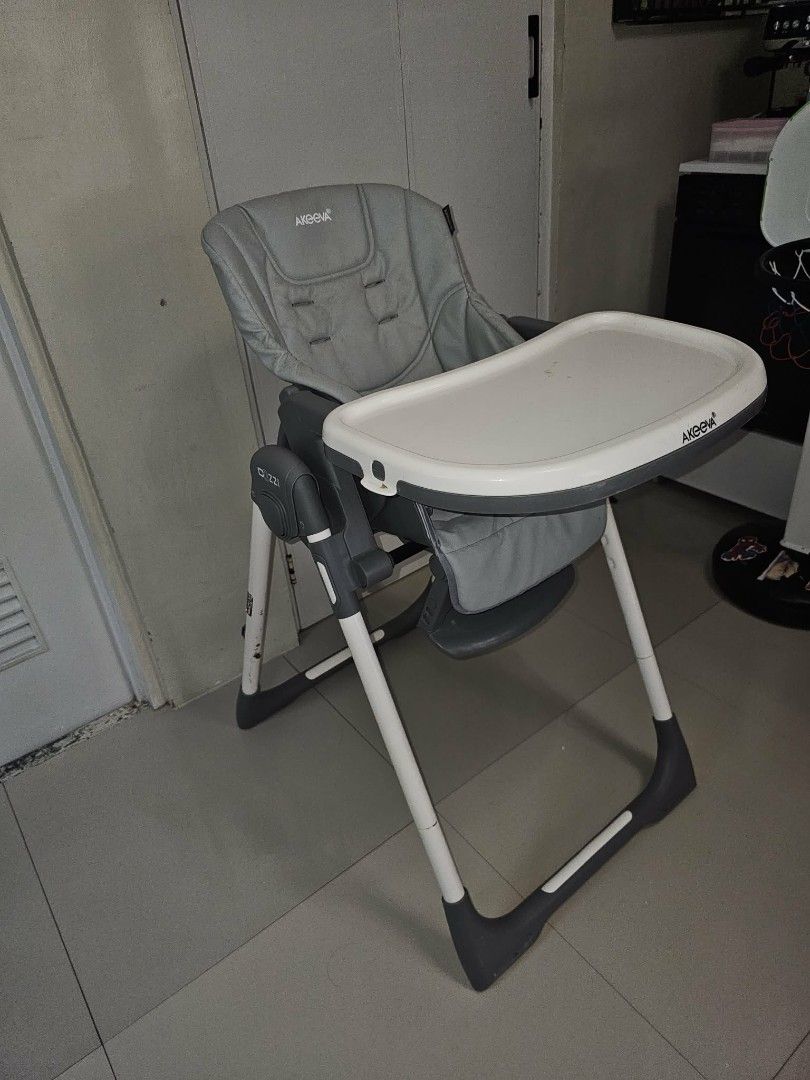 Akeeva High Chair - Grey (Category: Baby High Chairs) located in Paranaque City. Submitted by lisaaa24 (Listing ID 1461904849, Image 3). Description: - Adjustable tray and footrest for growing babies. - Folds flat for convenient storage. - Perfect for making feeding time a breeze. - Shows minor scuffs on legs from normal use..