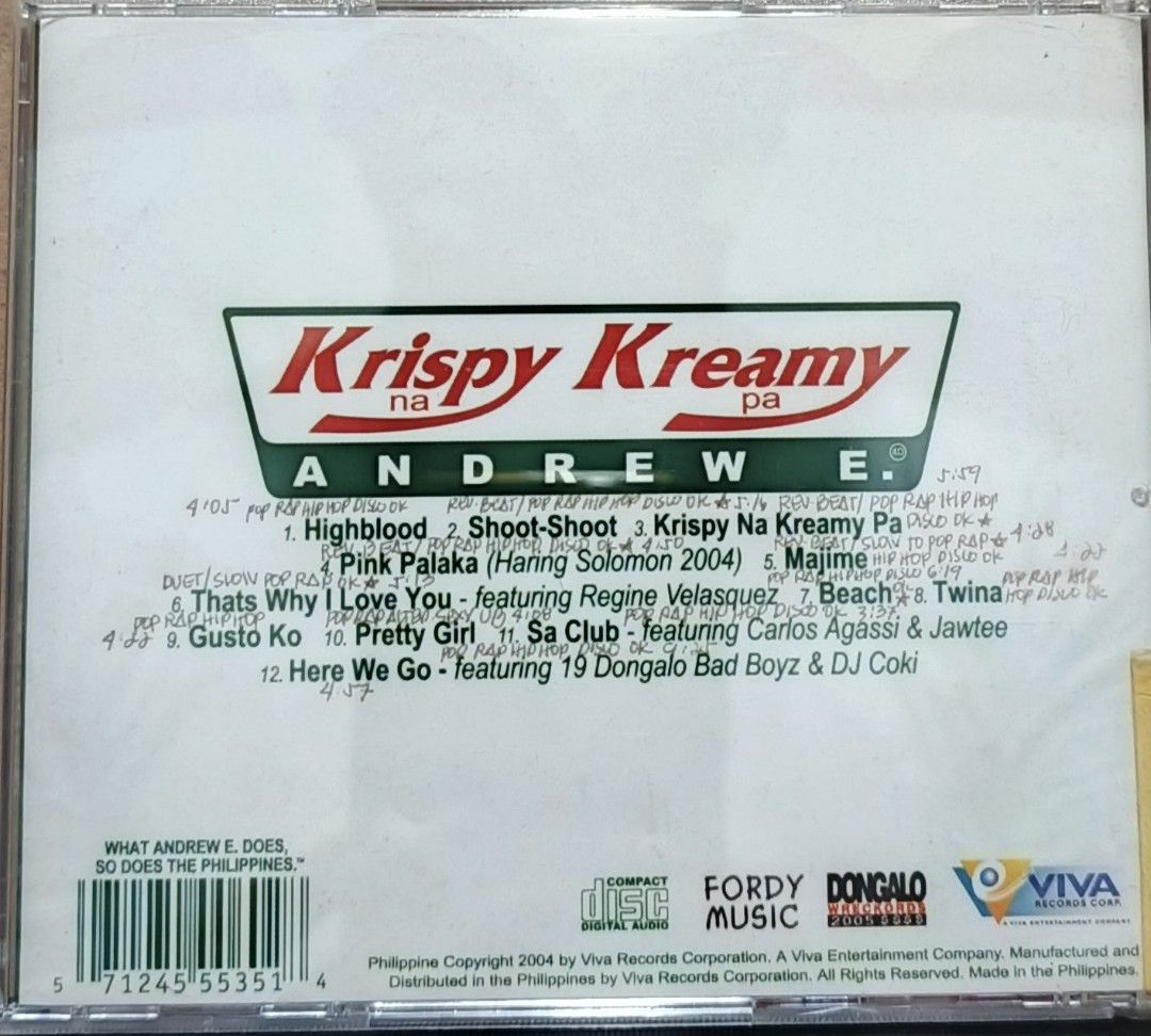 Andrew E. Krispy Kreamy Pa CD Album (Category: CDs & DVDs) located in Manila. Submitted by ruelcabrer77078 (Listing ID 1461966675, Image 3). Description: - Andrew E. 'Krispy Kreamy Pa' Album - Released in 2004 - Features OPM Hip-Hop & Pop hits - Includes tracks: 'Highblood', 'Pink Palaka', 'Beach' - Collaborations with Regine Velasquez and Dongalo Bad Boyz - A must-have for Filipino music collectors.