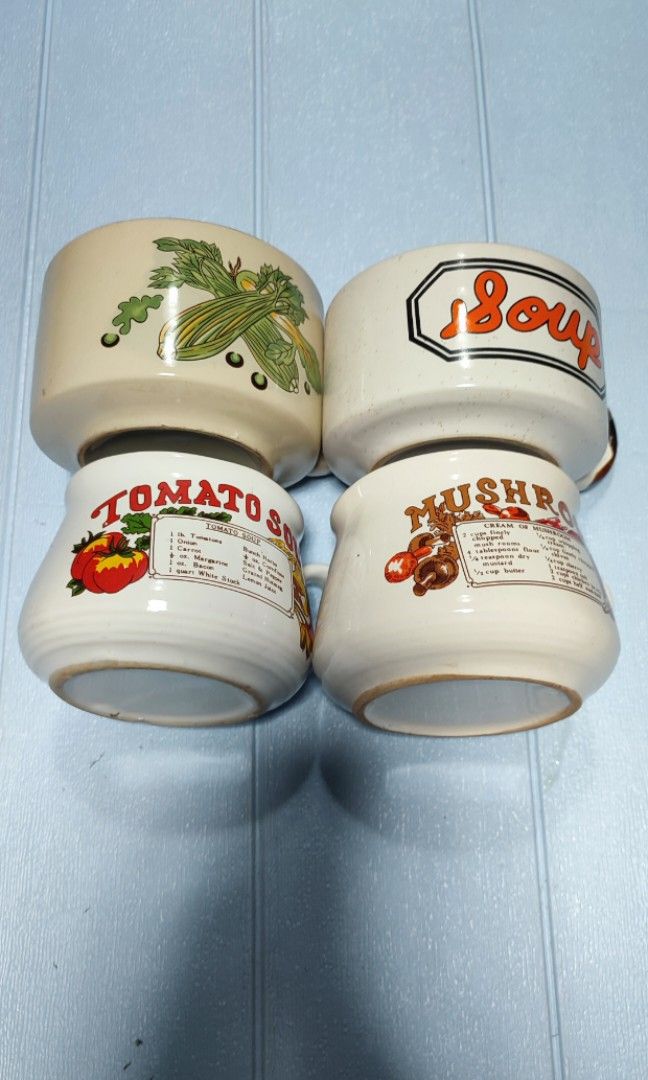 Assorted Soup Mugs (Category: Dinnerware & Cutlery) located in Mandaluyong City. Submitted by lalahhome (Listing ID 1461851466, Image 1). Description: price for 4 pcs Made in UK, stoneware mugs no chips, cracks or crazing sold as sets.