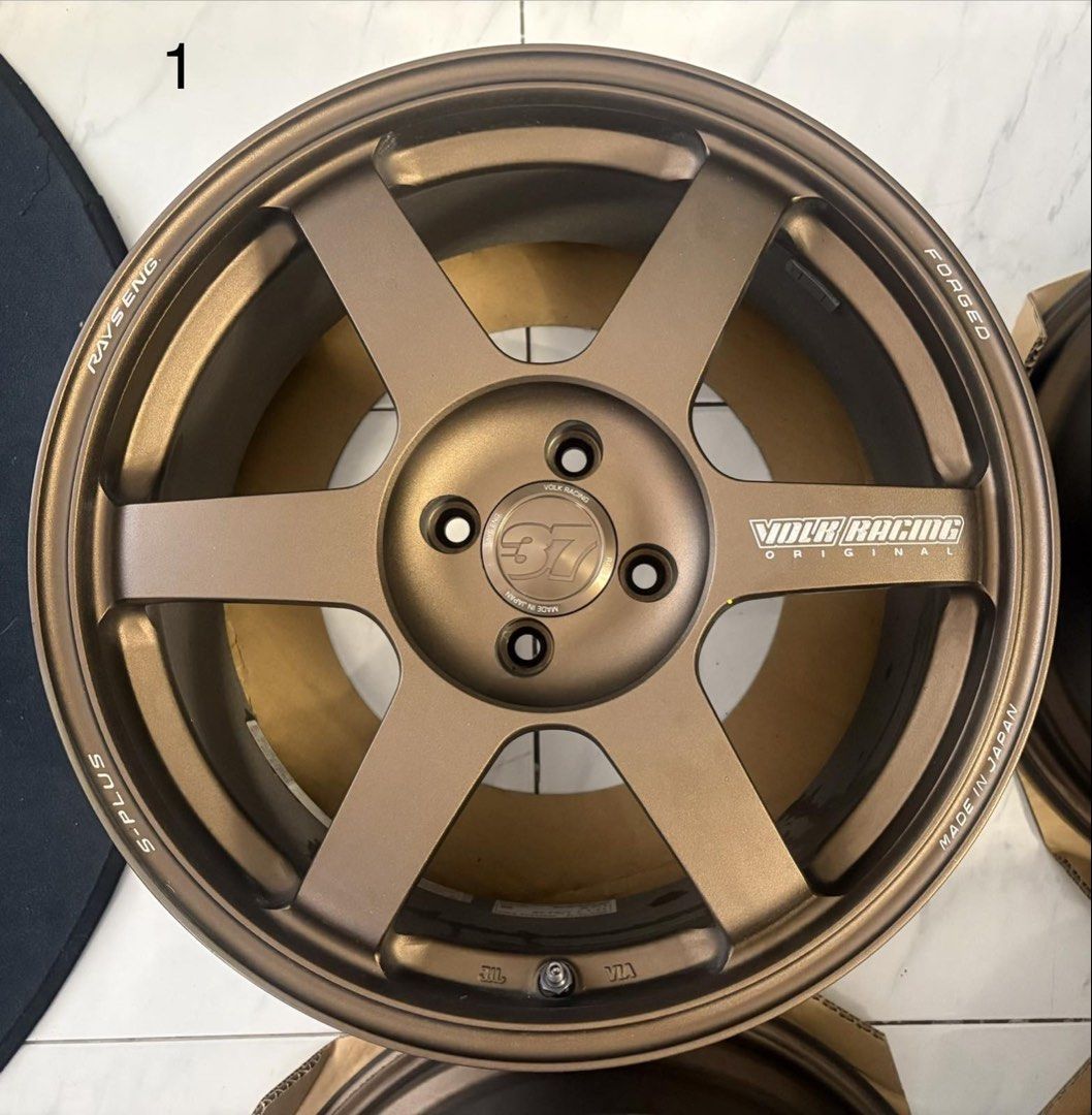 Authentic TE37 SAGA S-PLUS (Category: Mags and Tires) located in Manila. Submitted by paulinegarciavillamil (Listing ID 1461836590, Image 2). Description: - Authentic TE37 SAGA S-PLUS rims - Forged construction for superior strength and lightness - Iconic 6-spoke design - Made in Japan, ensuring high quality and craftsmanship - Classic bronze finish.
