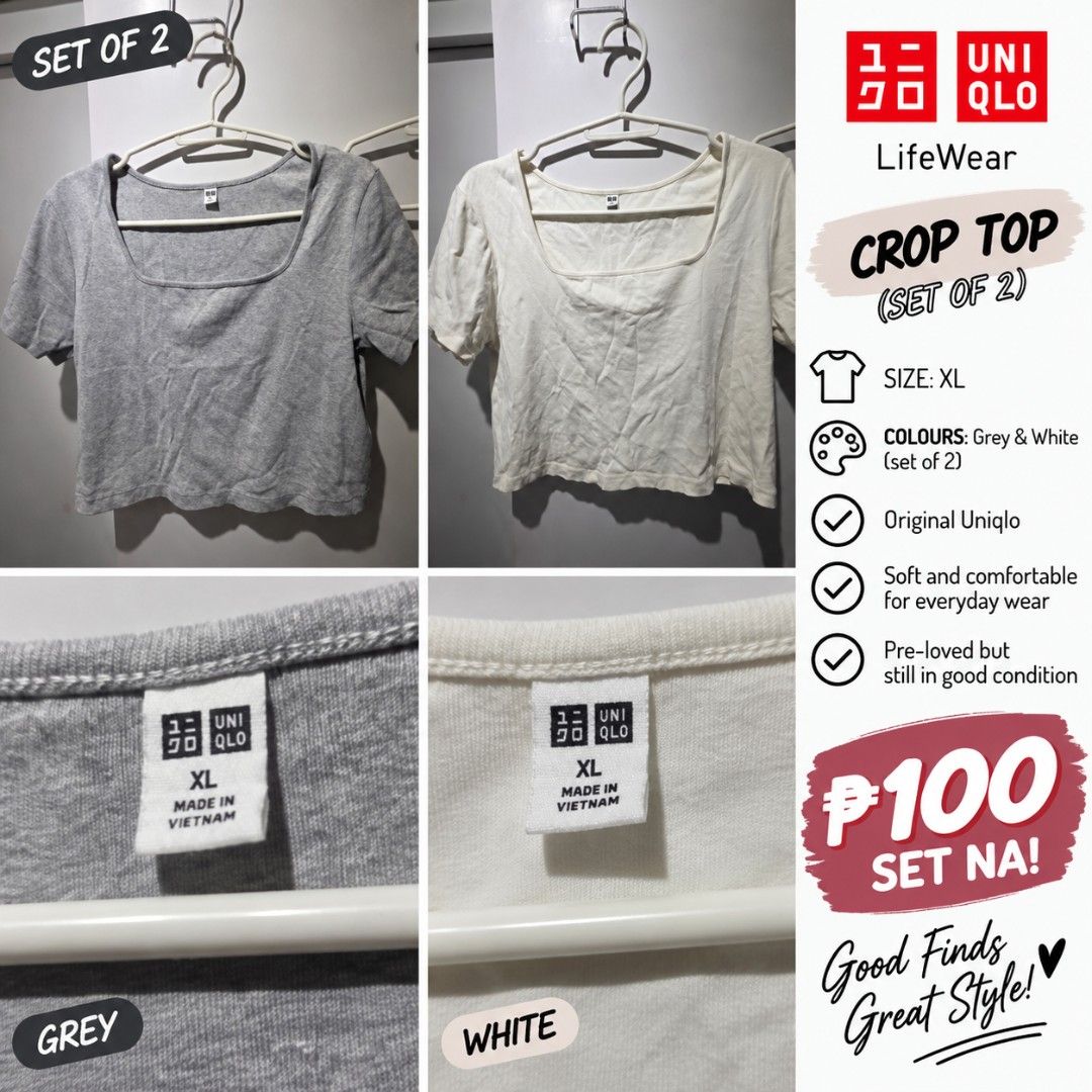 Authentic Uniqlo Crop Top Set - Grey & White (Category: Shirts) located in Manila. Submitted by valedra111 (Listing ID 1461800791, Image 1). Description: Authentic Uniqlo crop top RFS: Downsize due to loss weight.