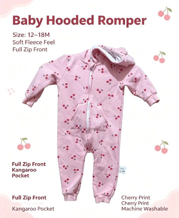 Baby Hooded Cherry Romper (Category: Babies & Kids Fashion) located in Quezon City. Submitted by wjmae (Listing ID 1461813395, Image 3). Description: - Size: 12–18M ​ - Key features: Soft Fleece Feel, Full Zip Front, Kangaroo Pocket, Cherry Print, Machine Washable ​ - Soft pink background with red cherry details.