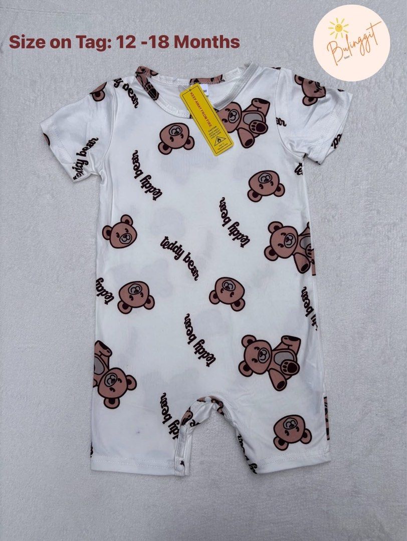 Baby Teddy Bear Romper 12-18 Months (Category: Babies & Kids Fashion) located in Cainta. Submitted by shalomdayanaracollection (Listing ID 1461940515, Image 1). Description: - Adorable white romper with all-over teddy bear print. - Features 'teddy bear' text print. - Size: 12-18 months. - Ideal for your little one. - Warning: Keep away from fire. Location: Greenland subdivision cainta rizal.