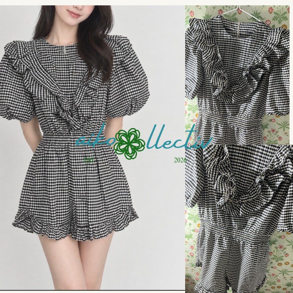 Babydoll Gingham Ruffle Puff Sleeve Romper (Category: Rompers) located in Quezon City. Submitted by aikollectiv (Listing ID 1461517374, Image 1). Description: - Adorable black and white gingham romper - Features stylish puff sleeves with ruffles - Cinched waist for a flattering fit - Ruffle trim along the hem - Convenient back zipper closure Love shack fancy, Doen, Abercrombie, With love & lemons, free people, Reformation, Isabel Marant, Etoile, 