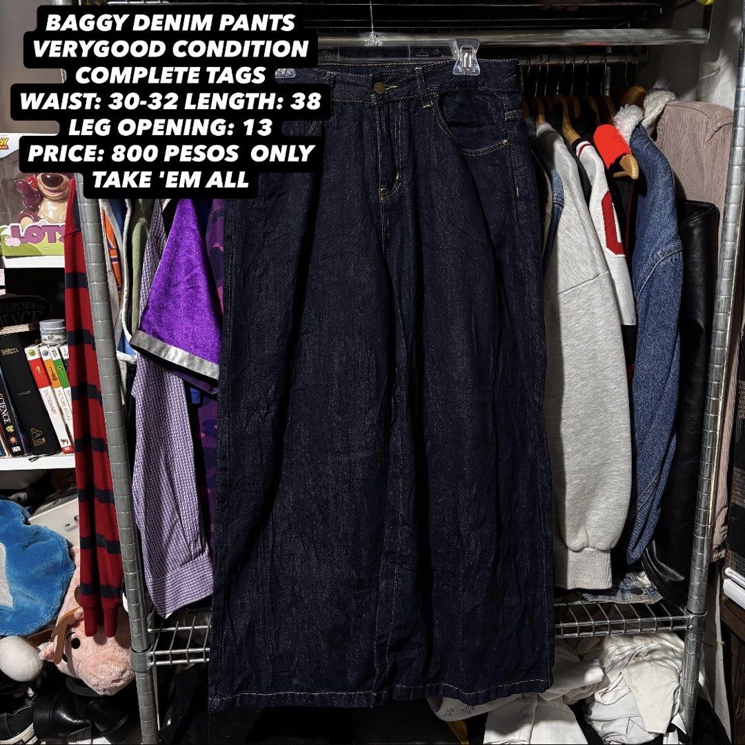 Baggy Denim Pants - Very Good Condition (Category: Jeans) located in Caloocan City. Submitted by bonsatocha43876 (Listing ID 1461985805, Image 1). Description: - Baggy denim pants - Complete tags attached - Waist fits 30-32 inches - Leg opening measures 13 inches - Price: P800 only.