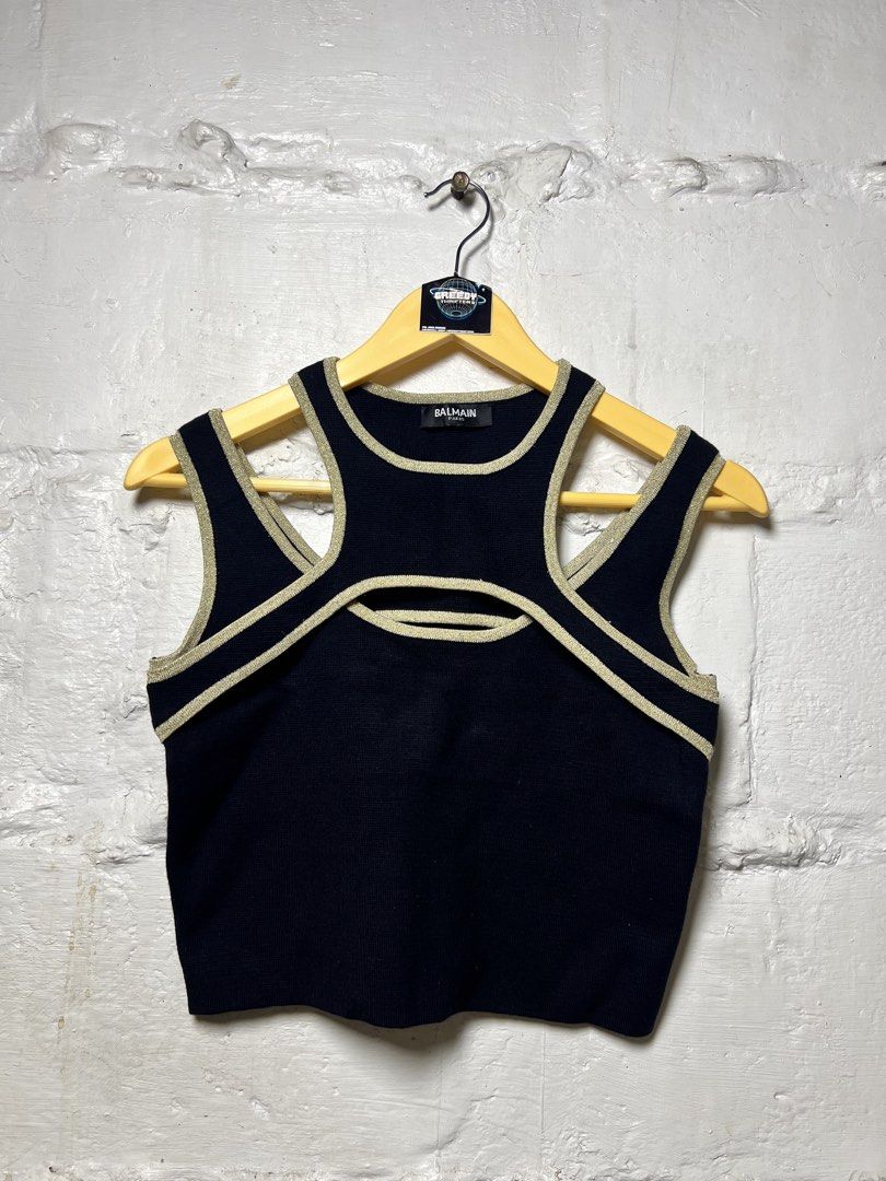BALMAIN SLEEVELESS TWO WAYS STRAPS KNITTED TOP (Category: Sleeveless) located in Las Pinas. Submitted by greedythrifterz (Listing ID 1461891294, Image 3). Description: BALMAIN SLEEVELESS TWO WAYS STRAPS KNITTED TOP DIMES- WIDTH 15 BY LENGTH 16.5 (ALL INCHES NO ISSUE, NEEDWASH ONLY FREESHIP AND NEGOTIABLE .