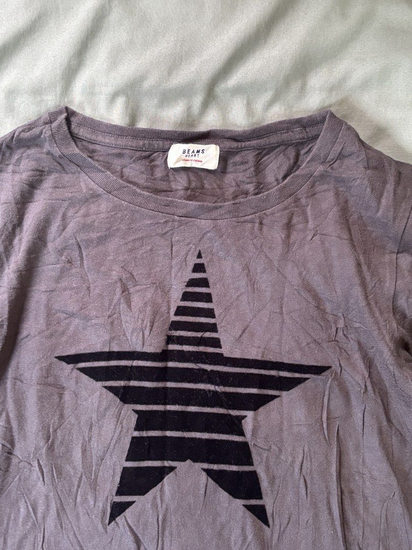 BEAMS T-shirt with Black Star Graphic (Category: Blouses) located in Andop. Submitted by ukaylangpo (Listing ID 1461853749, Image 2). Description: EXCELLENT CONDITION 17x22 - Brand: BEAMS - Color: Grey - Design: Bold black star graphic on front, small star details on back - Style: Short sleeves, classic crew neck - Condition: Comfortable everyday tee - Note: Measurements available upon request.