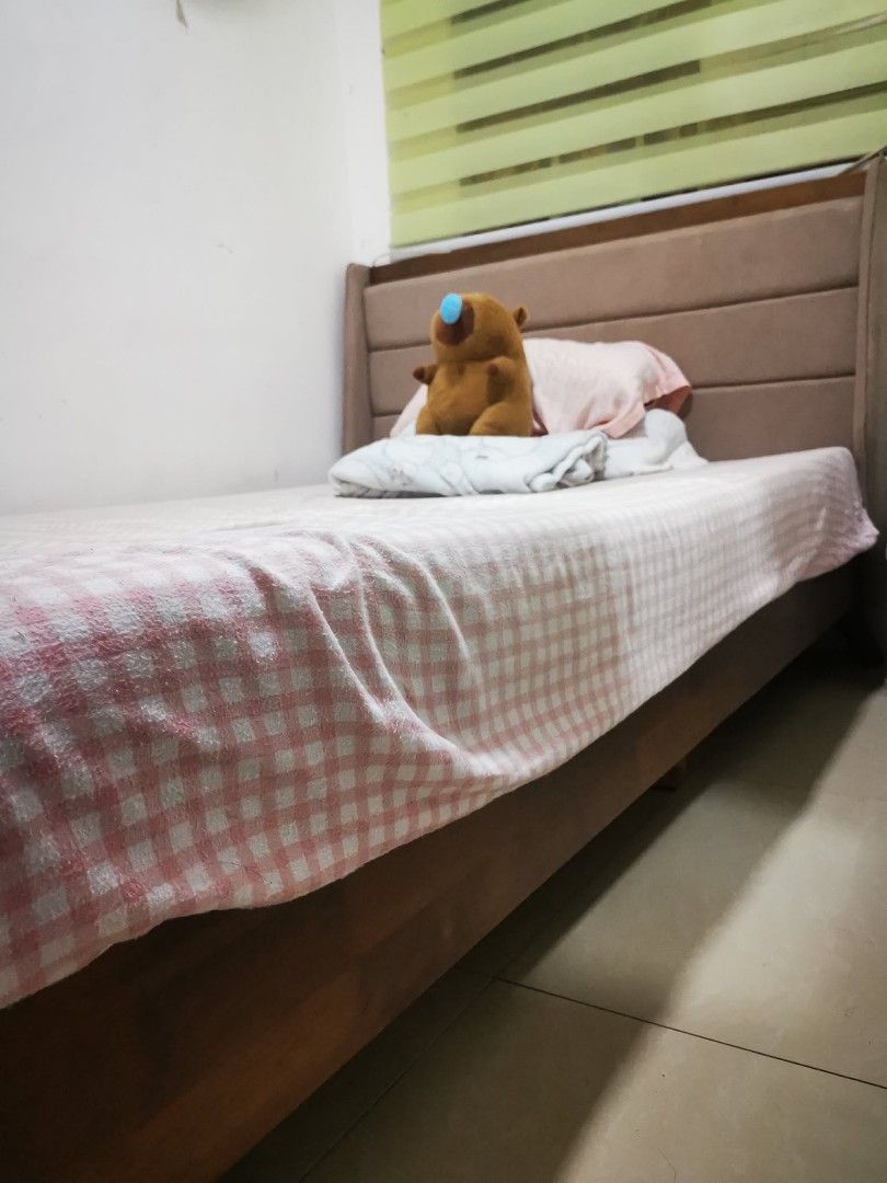 Bed Frame and foam (Category: Bed Frames & Mattresses) located in Rizal. Submitted by lest_shop (Listing ID 1461845026, Image 2). Description: selling our Semi Double bed with foam and headboard. 7k .