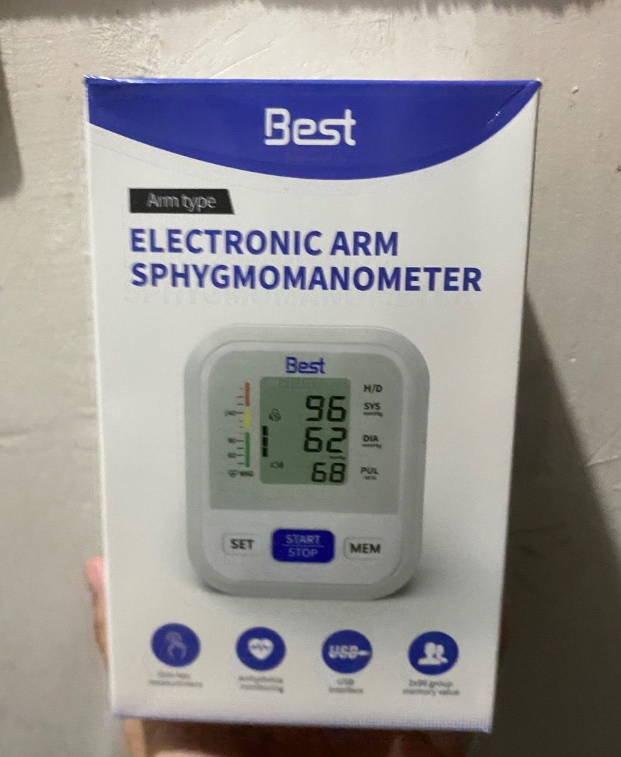 Best Electronic Arm Sphygmomanometer Blood Pressure Monitorm (Category: Health Monitors & Weighing Scales) located in Paranaque City. Submitted by beautyandluxbycaitlyn (Listing ID 1461945633, Image 1). Description: - Easy to use with Set, Start/Stop, and Memory buttons - USB interface for convenient charging/data transfer - Detects irregular heartbeats for comprehensive health monitoring - Perfect for home health tracking - Brand: Best.